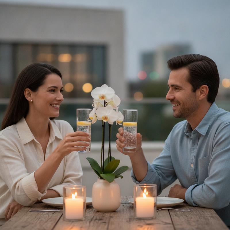 Two friends sharing glasses of sparkling water at a relaxed evening gathering, conveying balanced social wellness and hydration