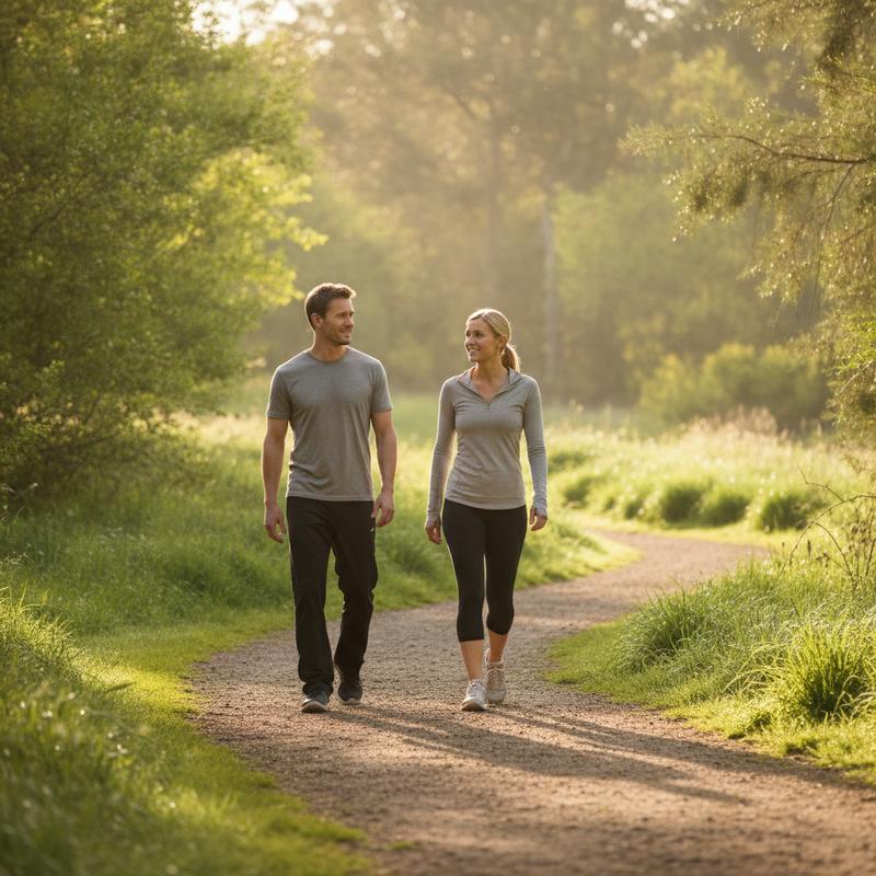 Two people walking together along a calm natural park path in soft morning light, representing everyday modular wellness