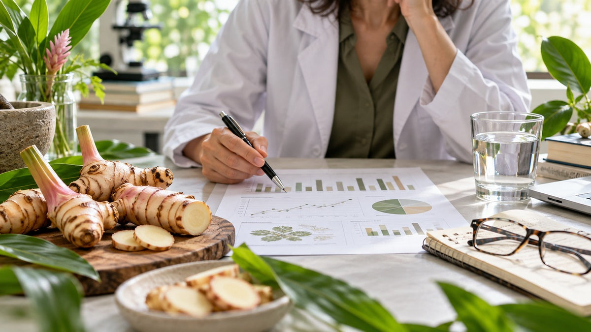 Adult reviewing a botanical research chart beside fresh galangal rhizomes