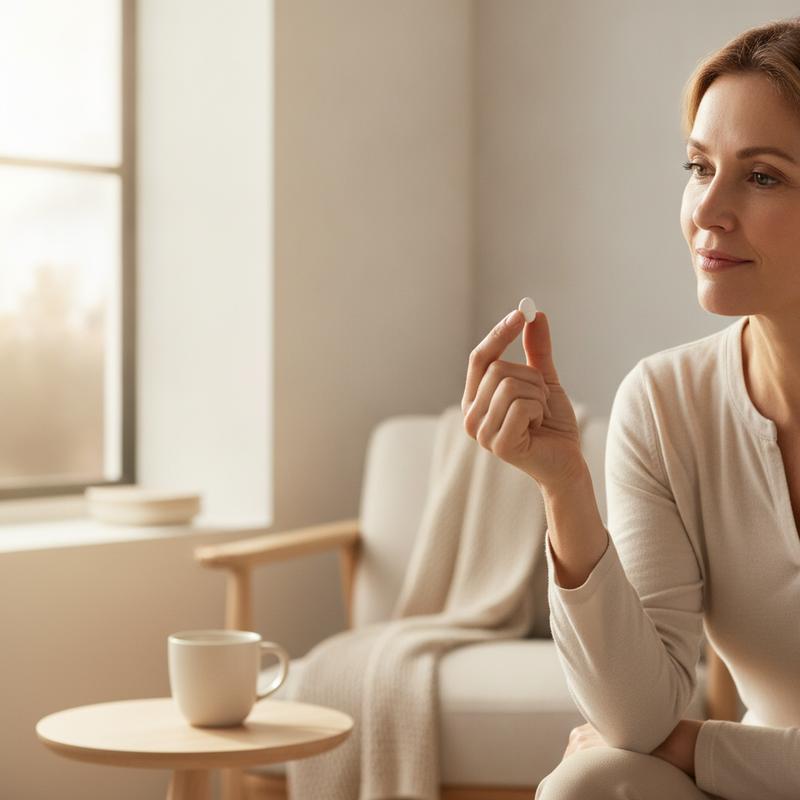 Person contemplating a single daily supplement in a calm premium home — BioEssentials modular precision vs Centrum mass-market multivitamin