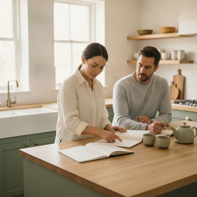 Two adults reviewing a calm supplement routine in a bright premium kitchen - BioEssentials modular wellness formulas