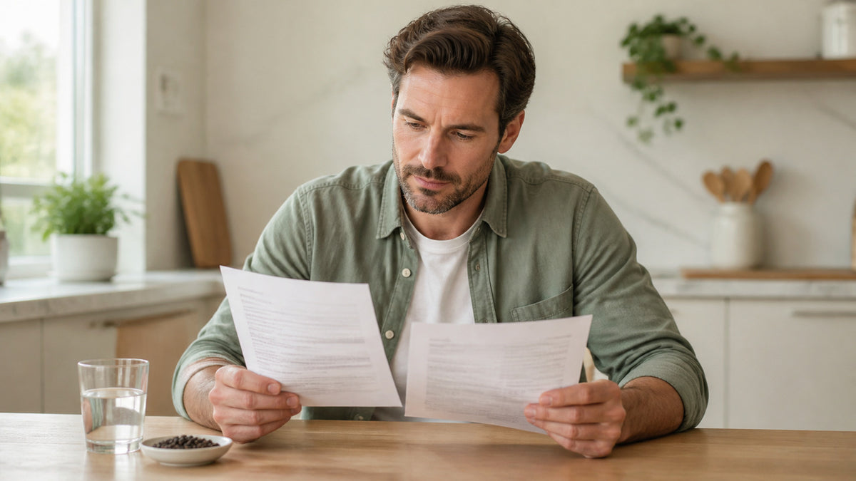 Adult reviewing a supplement medication warning in a calm home setting