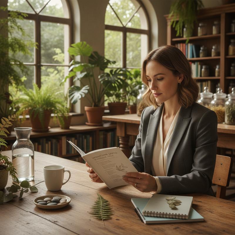Woman planning a focused wellness routine in a botanical library — BioEssentials modular wellness
