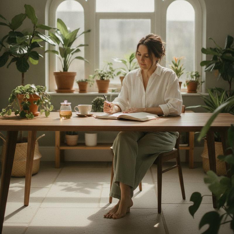 Serene botanical monthly wellness planning scene - FemBalance yarrow comfort layer