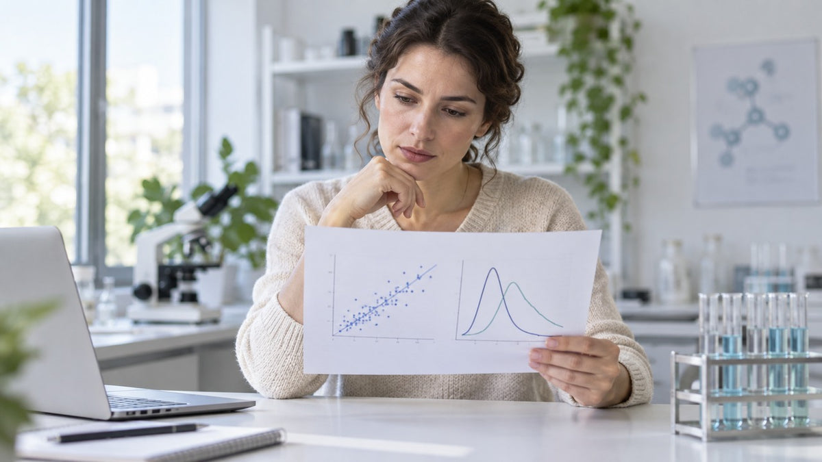 Adult reviewing an abstract laboratory chart at a naturally lit desk