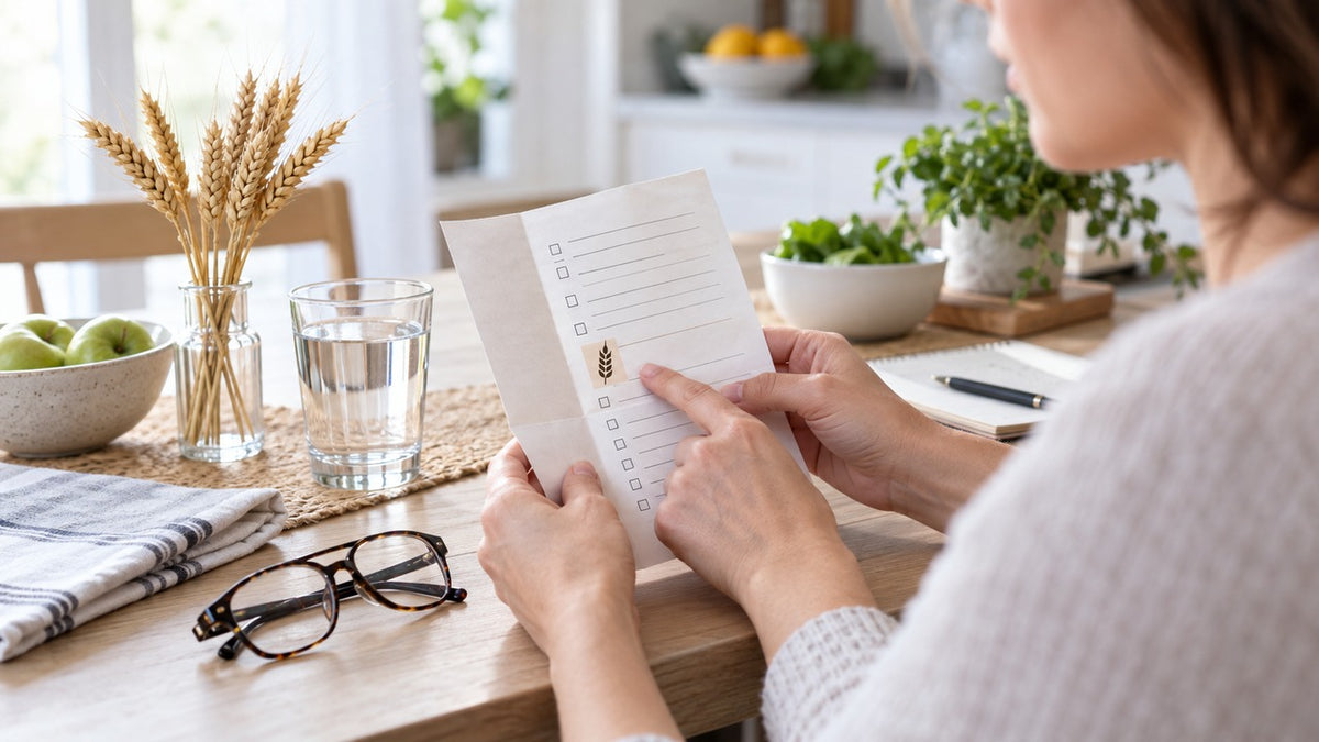 Adult reading an allergen checklist beside wheat stalks and a glass of water