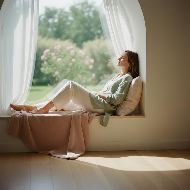 Calm woman relaxing by a sunlit window — FemBalance monthly comfort and calm