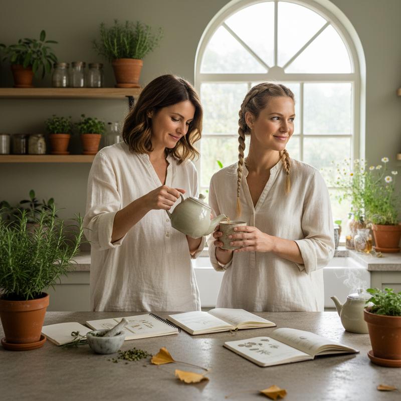 Two women sharing a calm morning ritual in a sunlit botanical kitchen - SaffranLib daily female wellbeing support