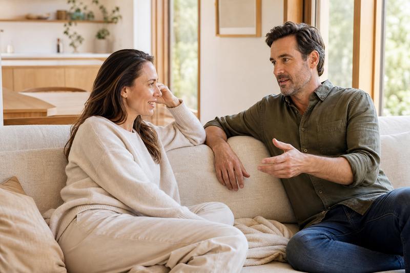Two adults sharing a relaxed conversation in a bright home setting.