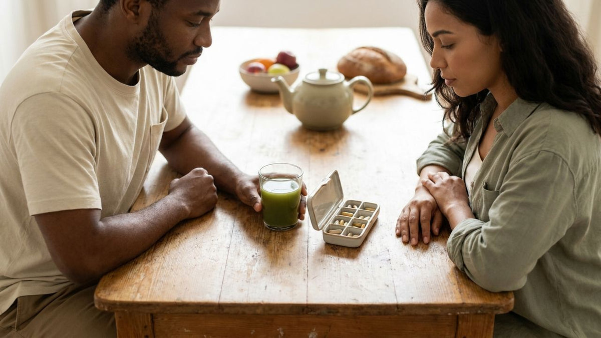 Two adults comparing a green breakfast drink and a capsule-based gut routine in a bright kitchen - Huel Daily Greens vs Harmony
