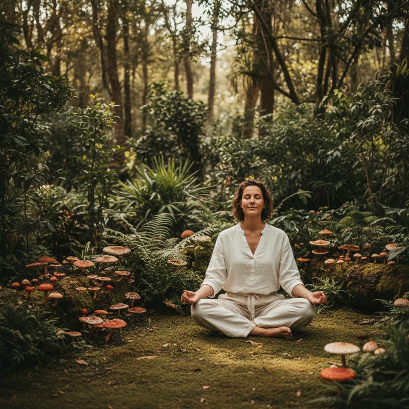 Woman in a premium botanical garden surrounded by natural greenery — ReishiNova mushroom immunity and resilience supplement