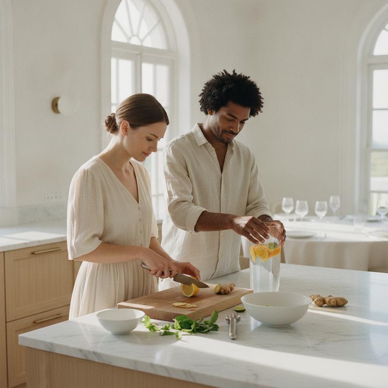 Two adults in a sunlit kitchen preparing citrus water for a calm RESTORE social wellness routine