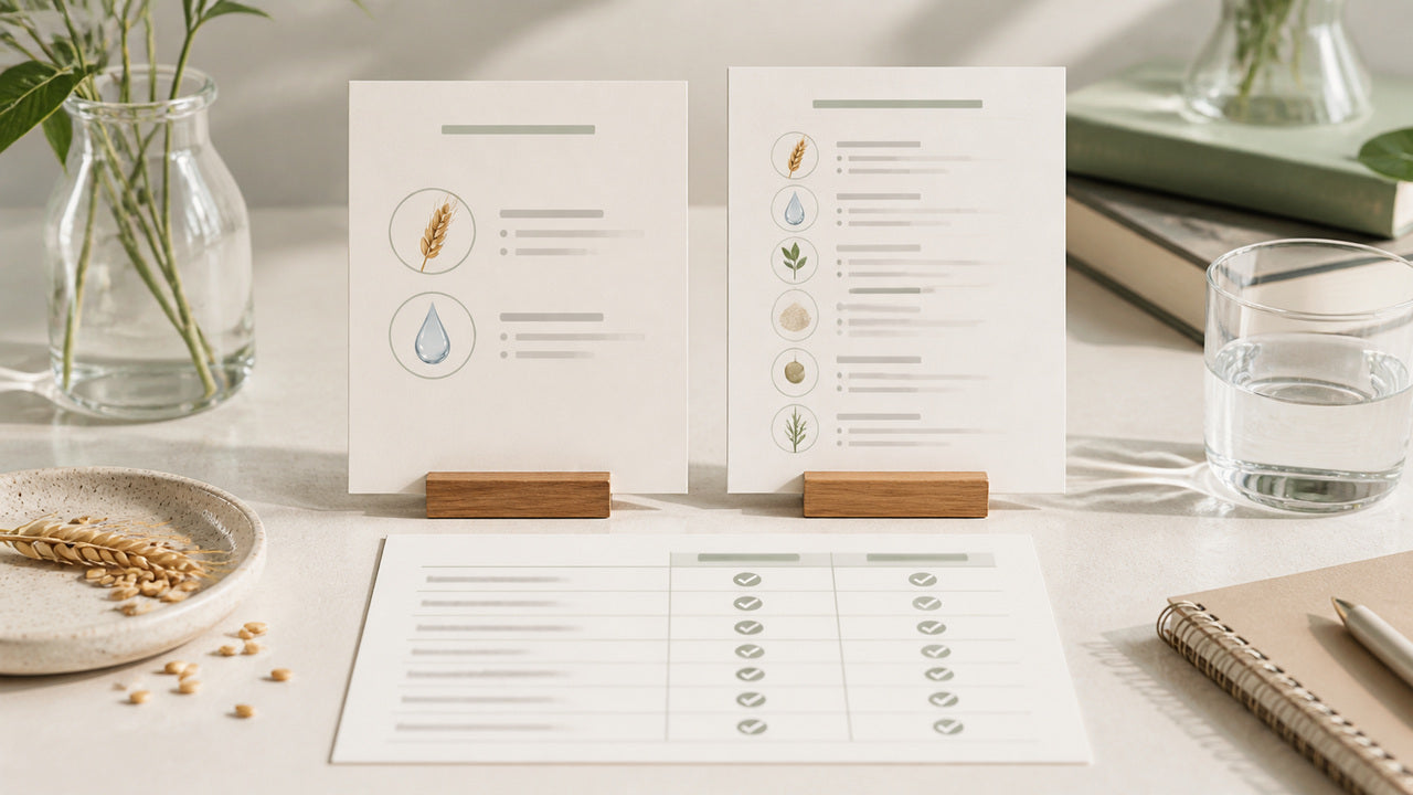 Two evidence checklists comparing a focused two-ingredient skin formula with a broader multi-ingredient formula