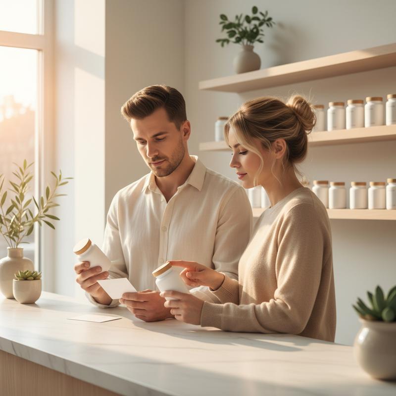 Two wellness-focused Europeans reviewing EU supplement labels in a bright minimalist boutique setting