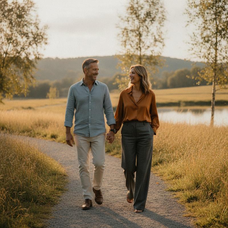 Two healthy mid-life adults walking outdoors at golden hour, reflecting Revital cellular energy and healthy aging