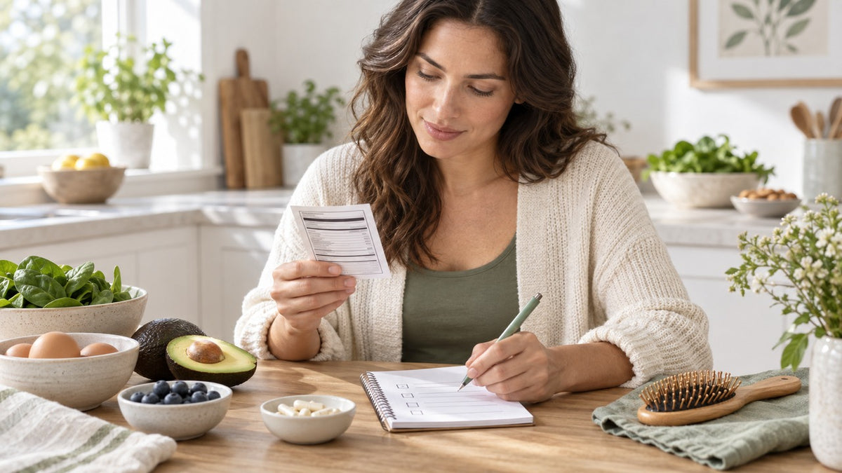 Adult reviewing a supplement label and daily checklist beside food and a hairbrush