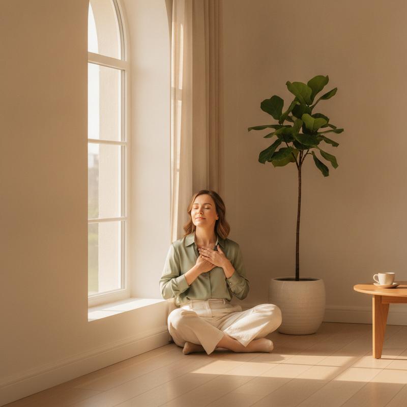Woman relaxing calmly by a sunlit window in a minimalist room — magnesium bisglycinate for gentle everyday calm