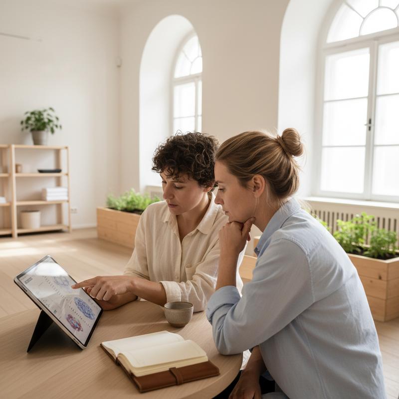 Two people reviewing supplement information in a bright, minimalist European wellness studio setting