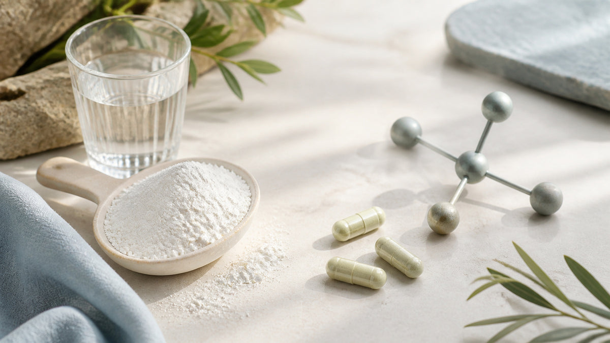 Neutral research desk comparing a magnesium powder routine with multi-form capsules