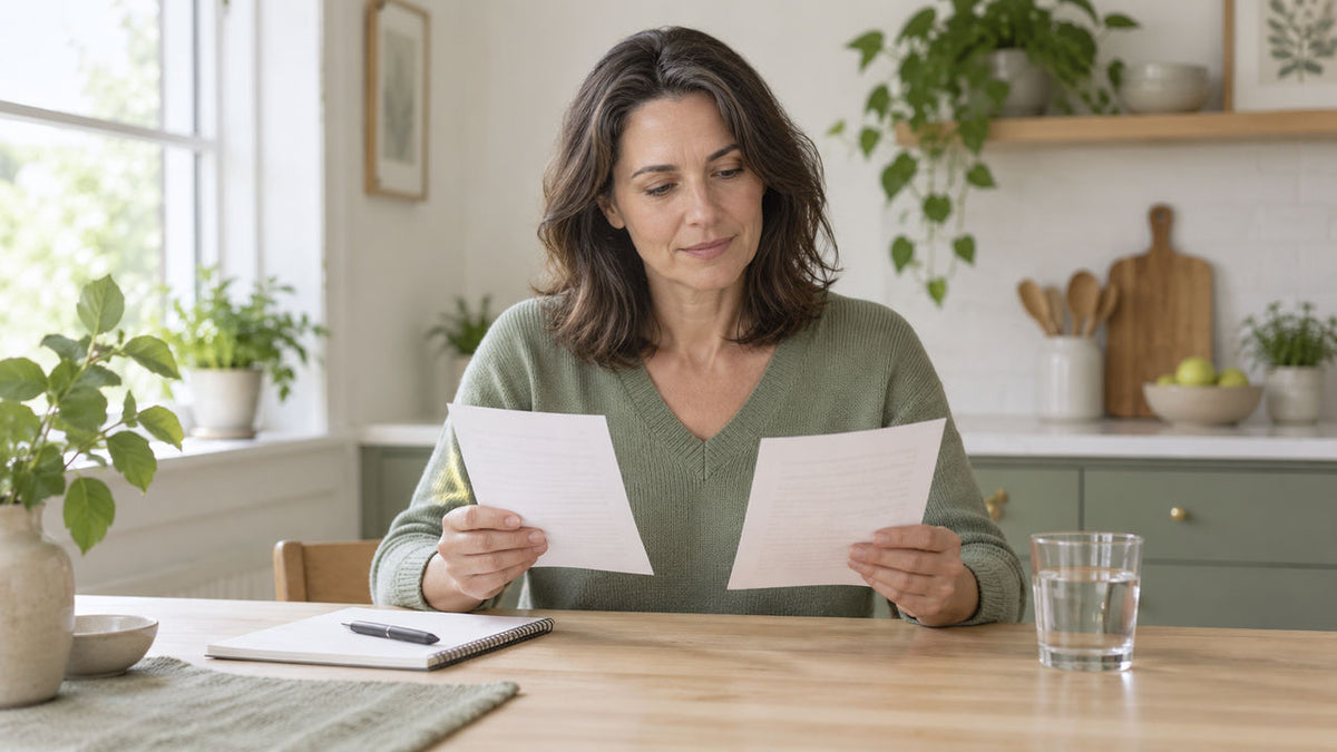 Adult woman comparing two plain ingredient sheets at a bright kitchen table, with both pages near the center