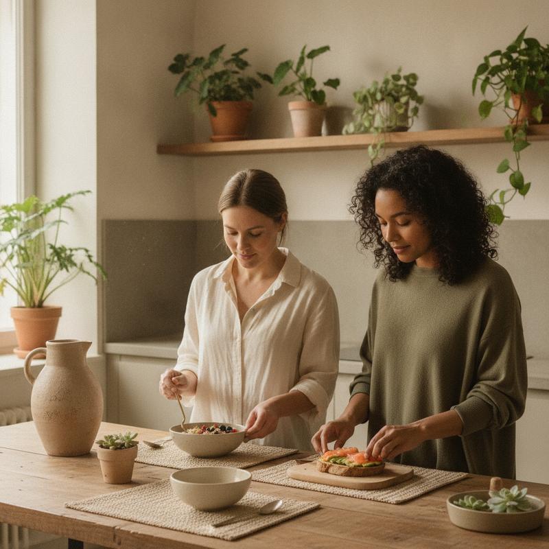 Two adults preparing a calm breakfast in a sunlit kitchen - HARMONY gut barrier wellness