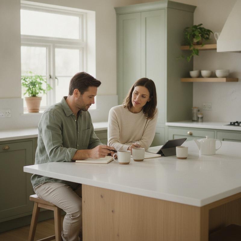 Two adults reviewing a calm supplement routine in a bright premium kitchen - BioEssentials curated supplement stacks