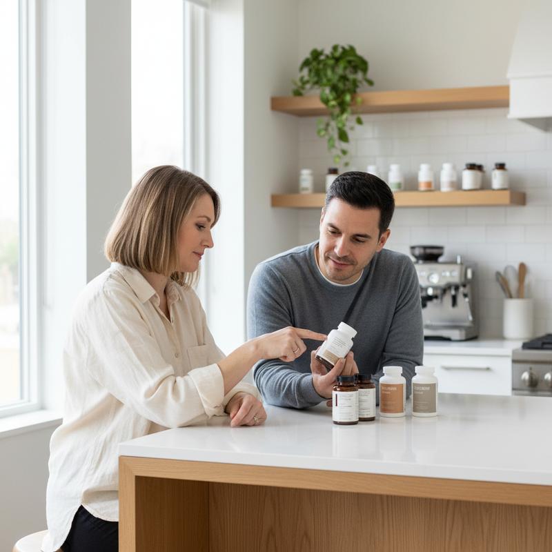Wellness kitchen with supplements — MAGNESIUM 5 stacking guide — compounding daily benefits