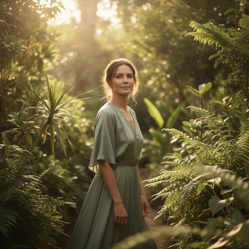 Woman in her 30s with radiant healthy skin in a sunlit botanical garden — SkinGlow inside-out beauty supplement