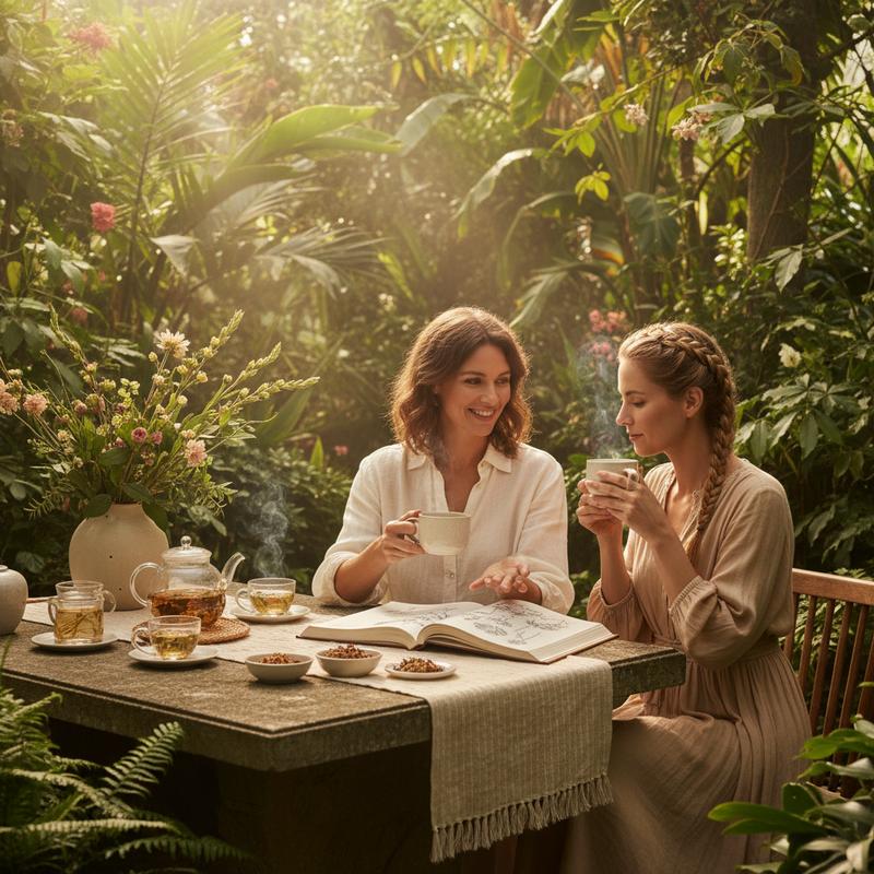 Two women in their 30s enjoying a sunlit botanical garden — SaffranLib women's hormonal wellbeing supplement