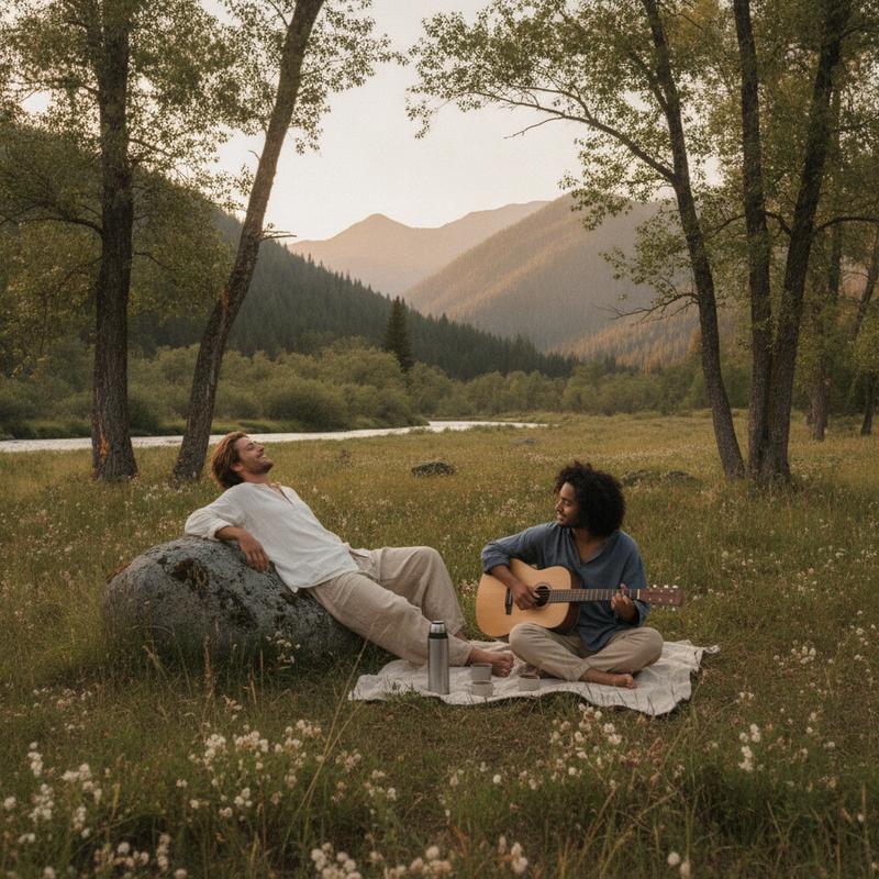 Two friends relaxing outdoors at golden hour — a social-wellness and next-day recovery moment