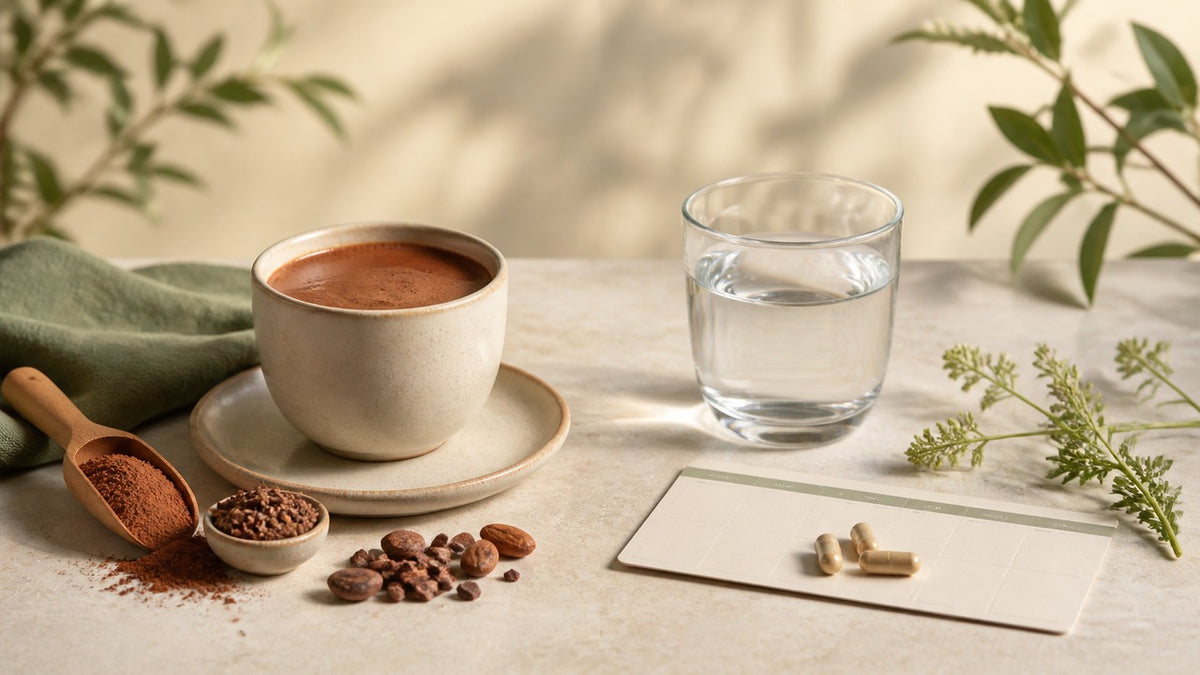 Neutral comparison desk with cocoa powder routine and three unbranded capsules