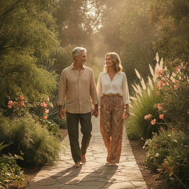 A vibrant couple in their fifties walking through a sunlit botanical garden, radiant vitality and calm clarity — Revital cellular energy and longevity support