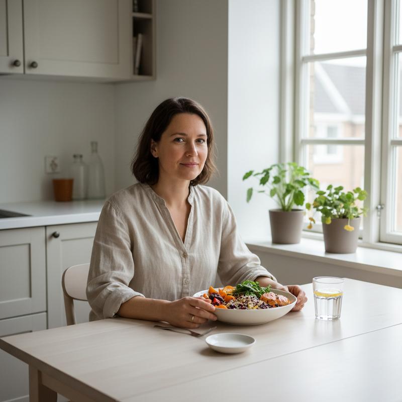 Person at a sunlit kitchen table enjoying a colourful meal — HARMONY digestive enzyme support for better daily absorption
