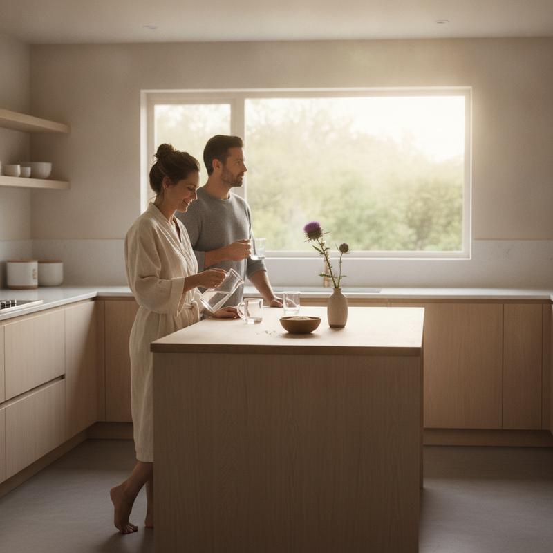 Two adults sharing a calm post-celebration wellness routine in a premium kitchen - Restore milk thistle guide