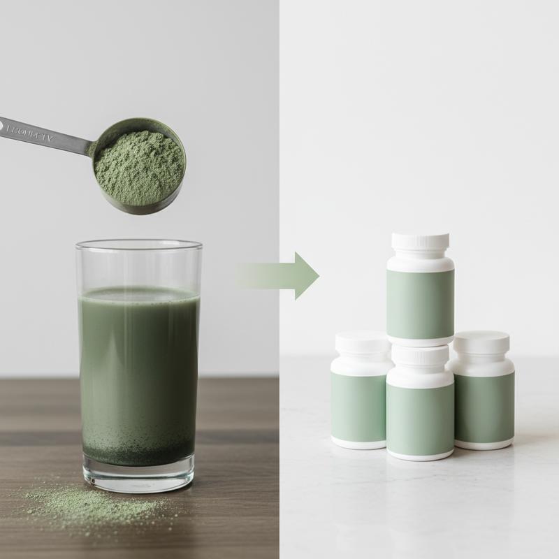 Visual of switching from a single all-in-one greens powder scoop on the left to three modular BioEssentials specialist supplement formulas on the right, illustrating the AG1 to modular transition