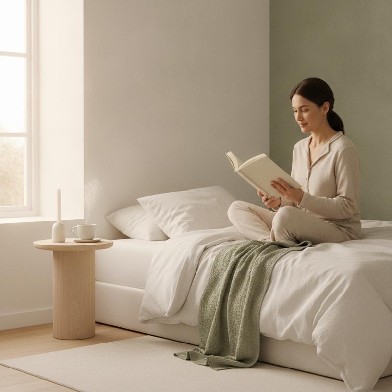 Calm adult reading in a softly lit bedroom - SleepWell methylfolate evening routine support