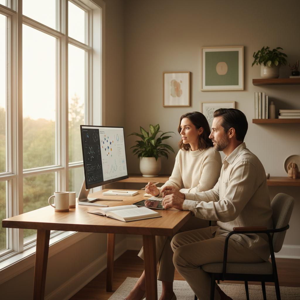 Two professionals working in a sunlit minimalist office — MINDBOOST 1200 cognitive focus support