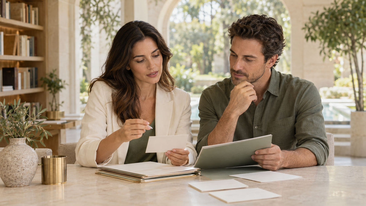 Two adults reviewing unbranded ingredient records in a sunlit library reading room