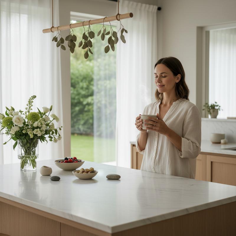 Woman in her 30s in a premium sunlit kitchen preparing a morning wellness routine — MyoBalan women's cycle support supplement