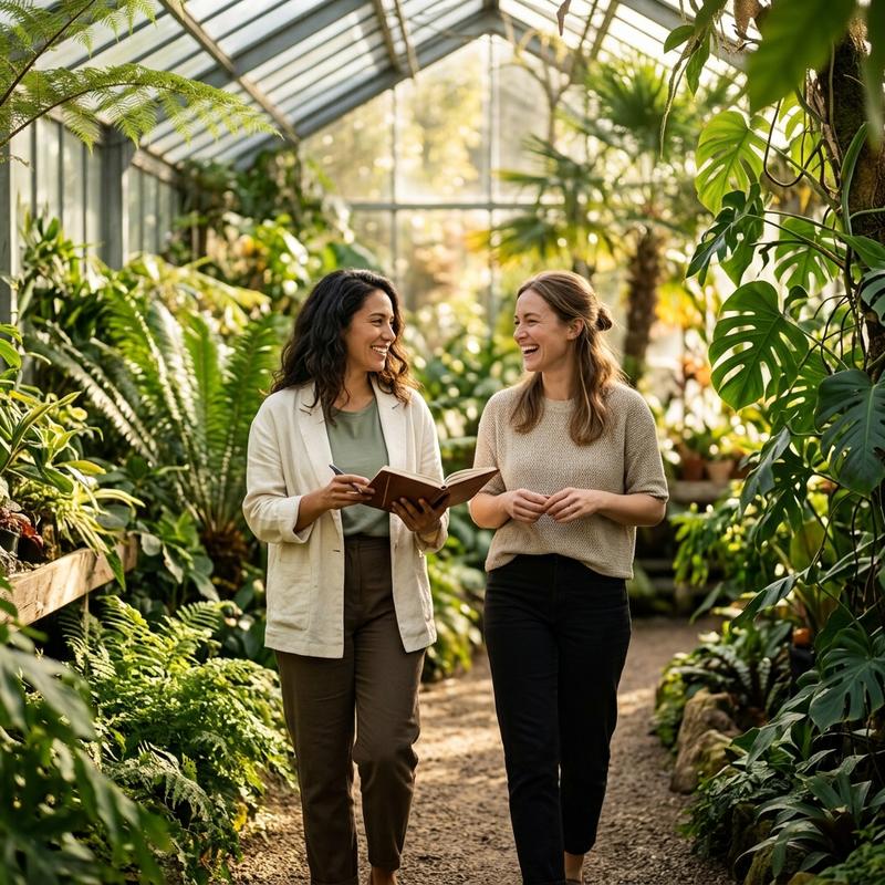 Two women in their 30s sharing a calm morning at a sunlit botanical garden — REVITAL cellular energy and daily vitality