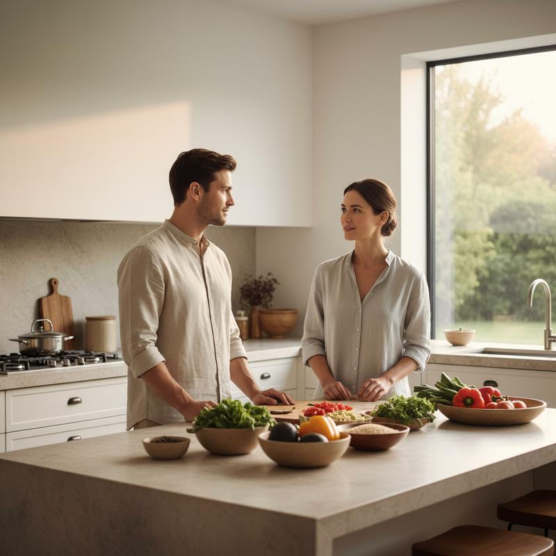 Two people in a bright kitchen discussing healthy lifestyle choices for metabolic wellness — GLUCORINE blood sugar support