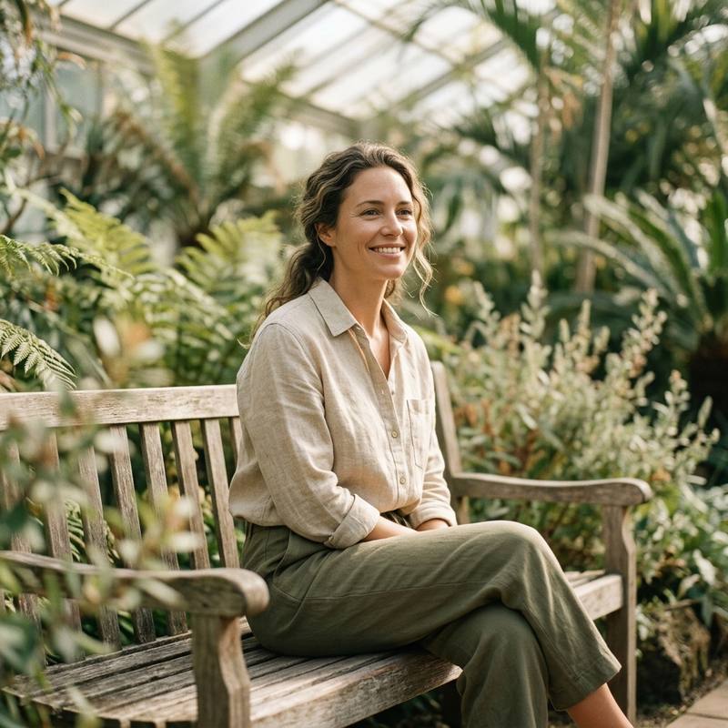 Woman with healthy glowing skin and relaxed posture in natural setting. Multi-strain probiotic gut health. BioEssentials.