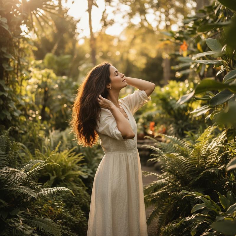 Woman with thick healthy hair in a sunlit botanical garden — Kailuxe hair strength and density supplement