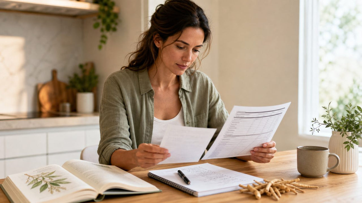 Woman reviewing an ashwagandha extract label and evidence checklist in natural morning light