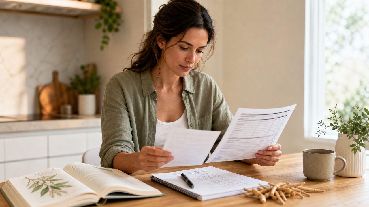 Woman reviewing an ashwagandha extract label and evidence checklist in natural morning light