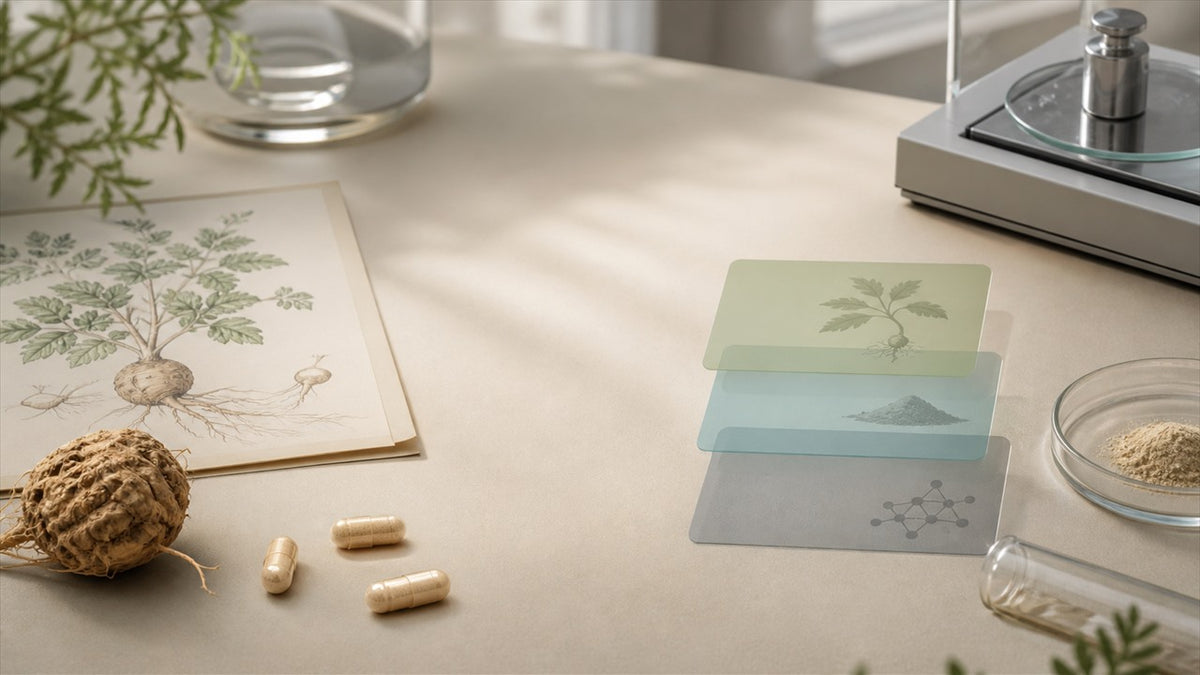 Maca roots and a neutral 55 mg label card on a clean editorial desk