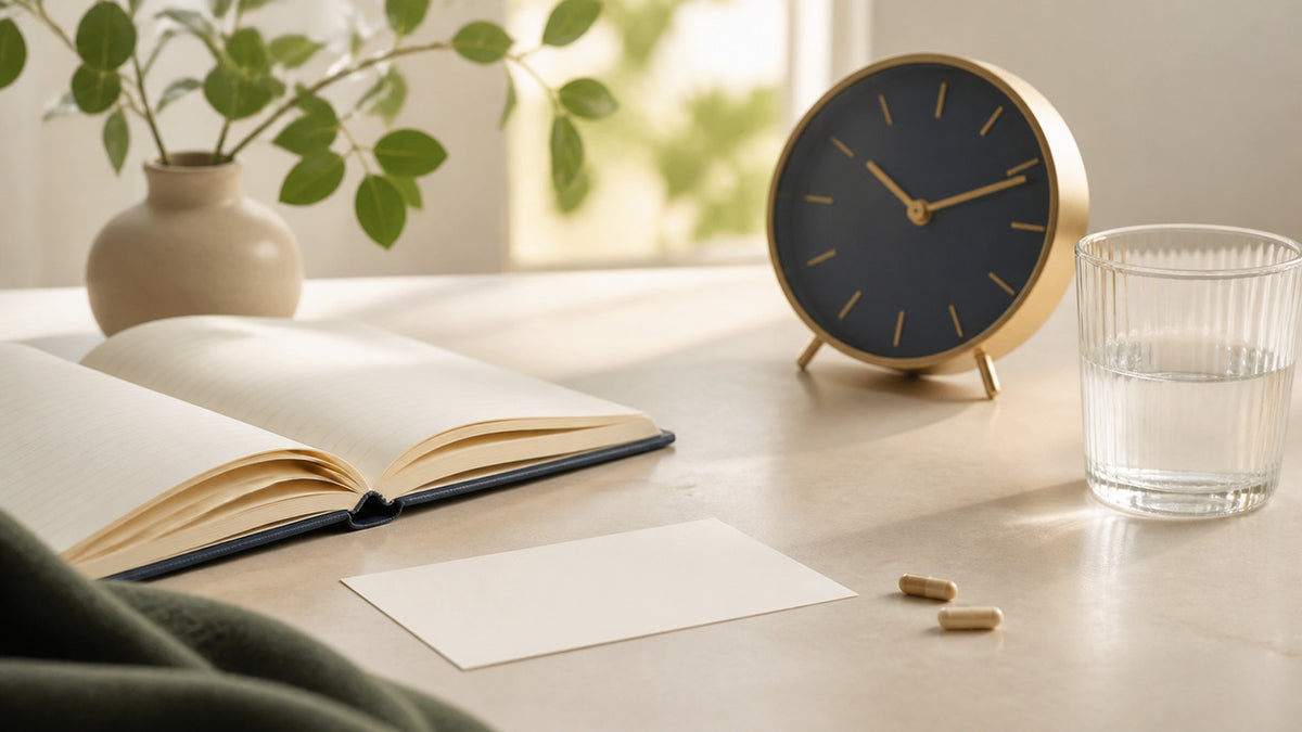 Calm pre-task desk with an analog clock, notebook and two-capsule routine cue