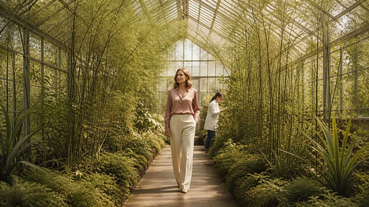 Woman walking through a sunlit botanical conservatory with a researcher — Vitalux Women shatavari evidence guide