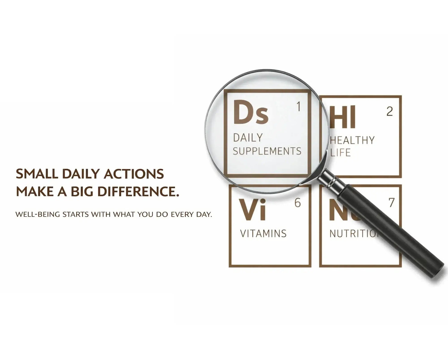Magnifying glass over daily supplements, vitamins, healthy life, and nutrition icons with wellness quote.