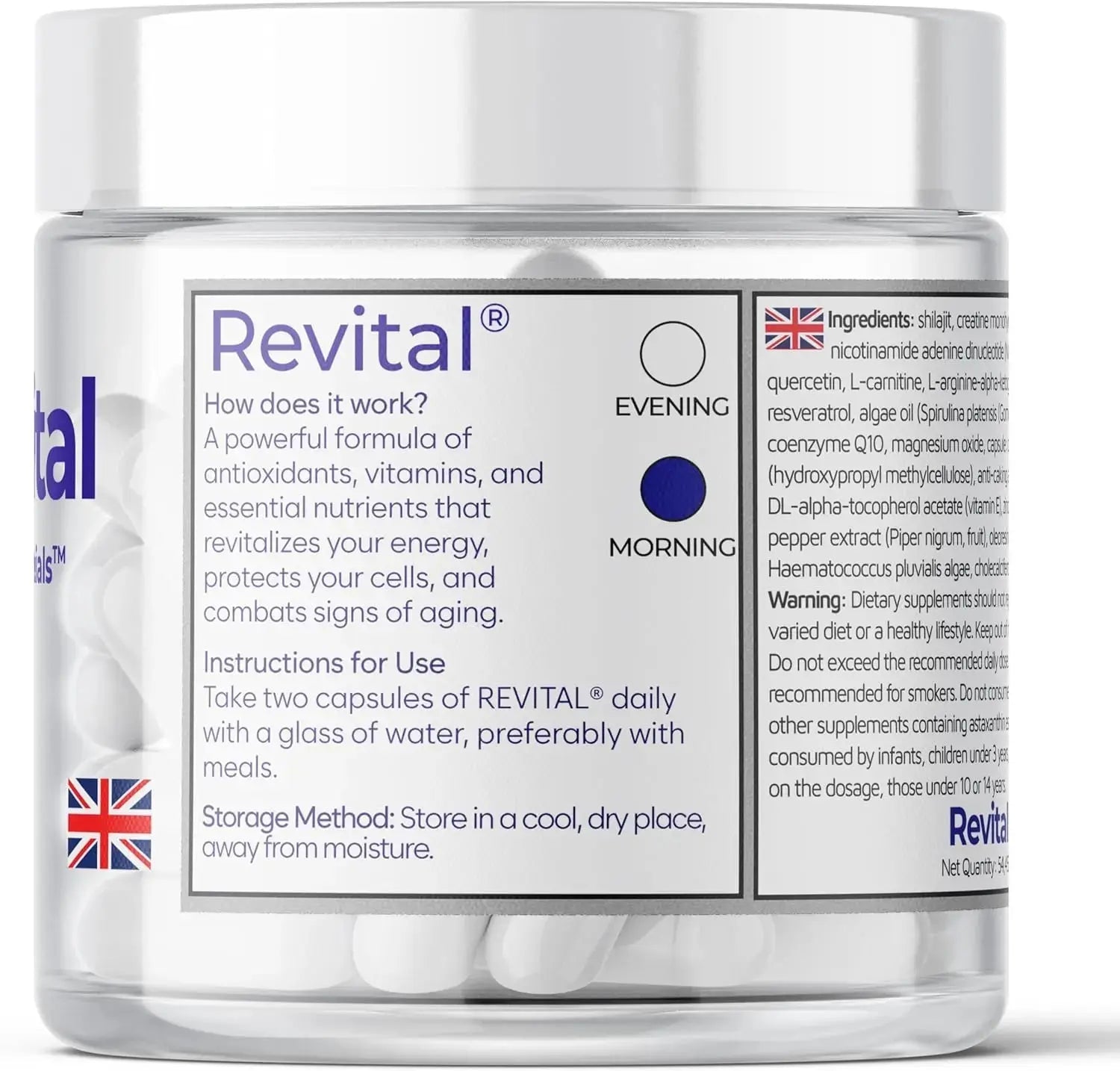 Revital supplement jar with antioxidant, vitamin and nutrient capsules, usage and ingredient info visible